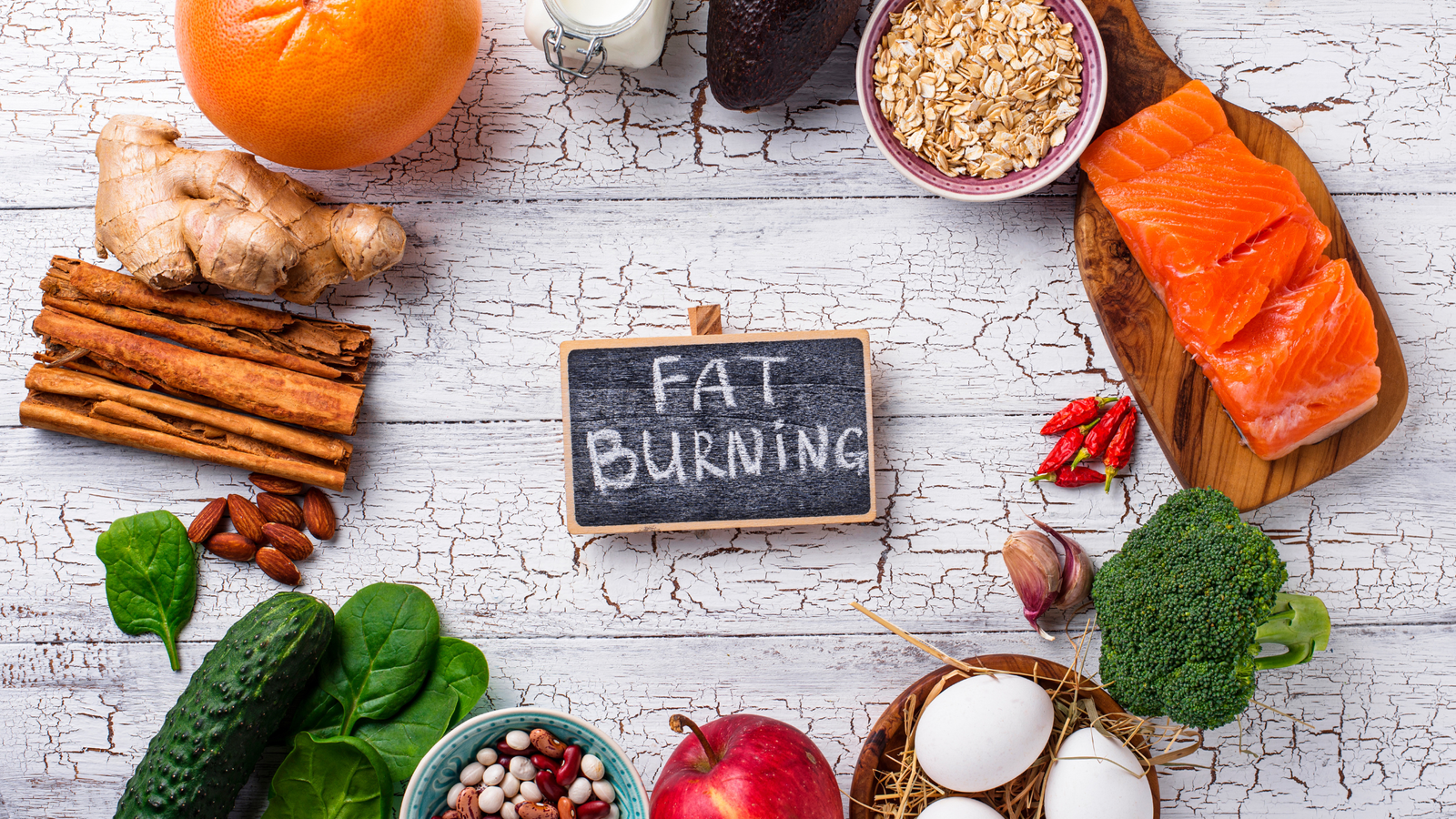 A collection of foods marked as "fat burning" aligned with a fasting lifestyle.