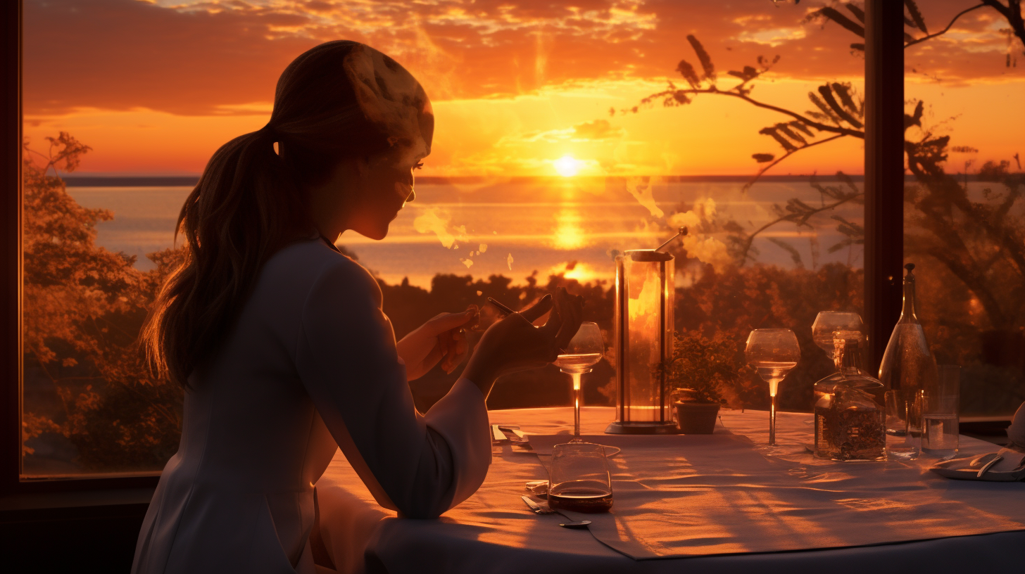 A woman exploring the science of fasting while sitting at a table with a view of the sunset.