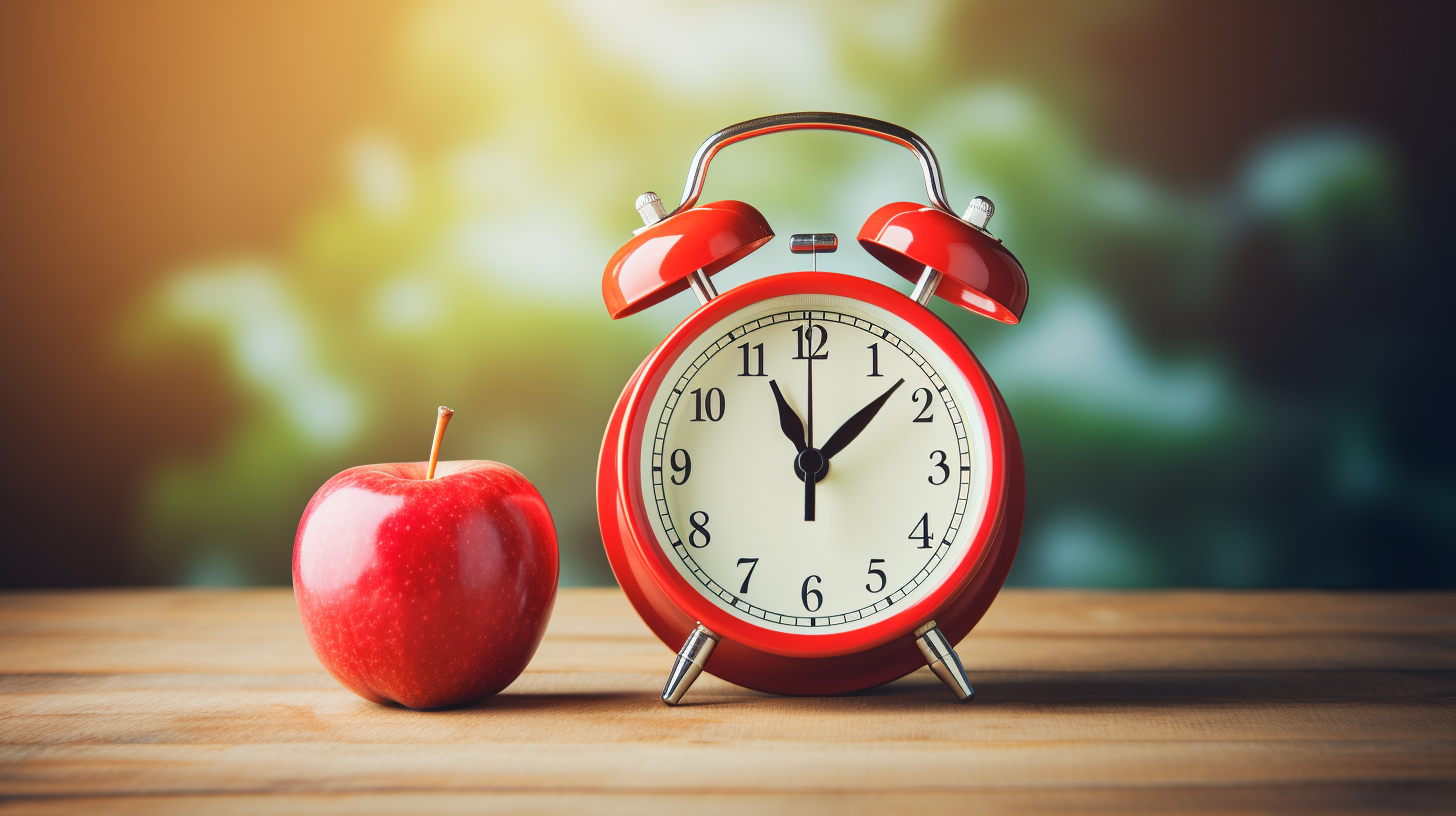 red alarm clock, apple, wooden table