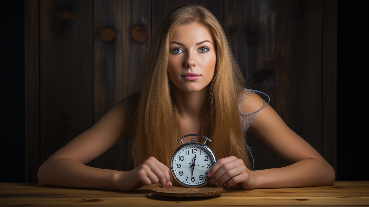 young woman, alarm clock