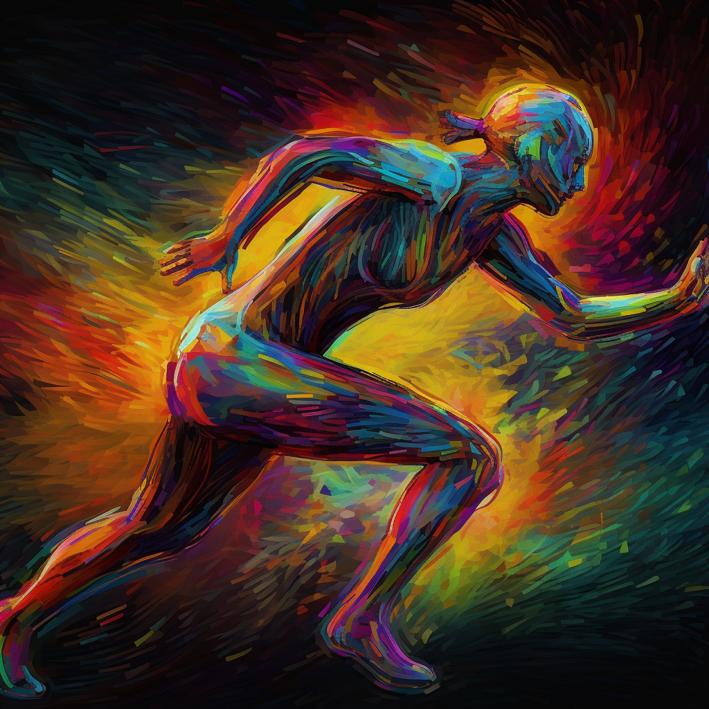 A vibrant artwork featuring a woman sprinting.