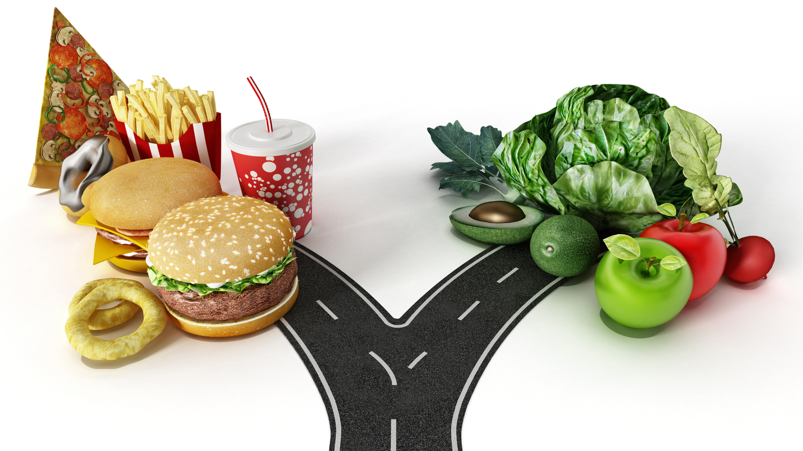 Comparison between fast food and healthy food choices, addressing the impact of dietary habits on health.