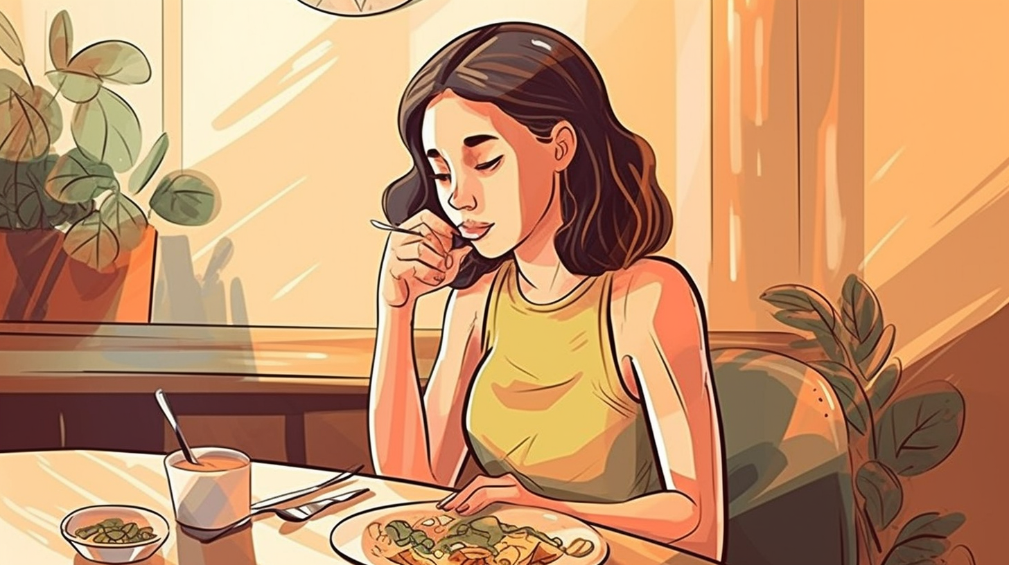 A girl observing her eating schedule for intermittent fasting at a table with a plate of food.