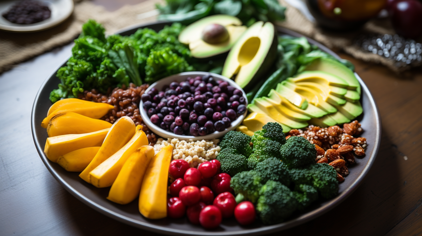 Plate, fruits, vegetables