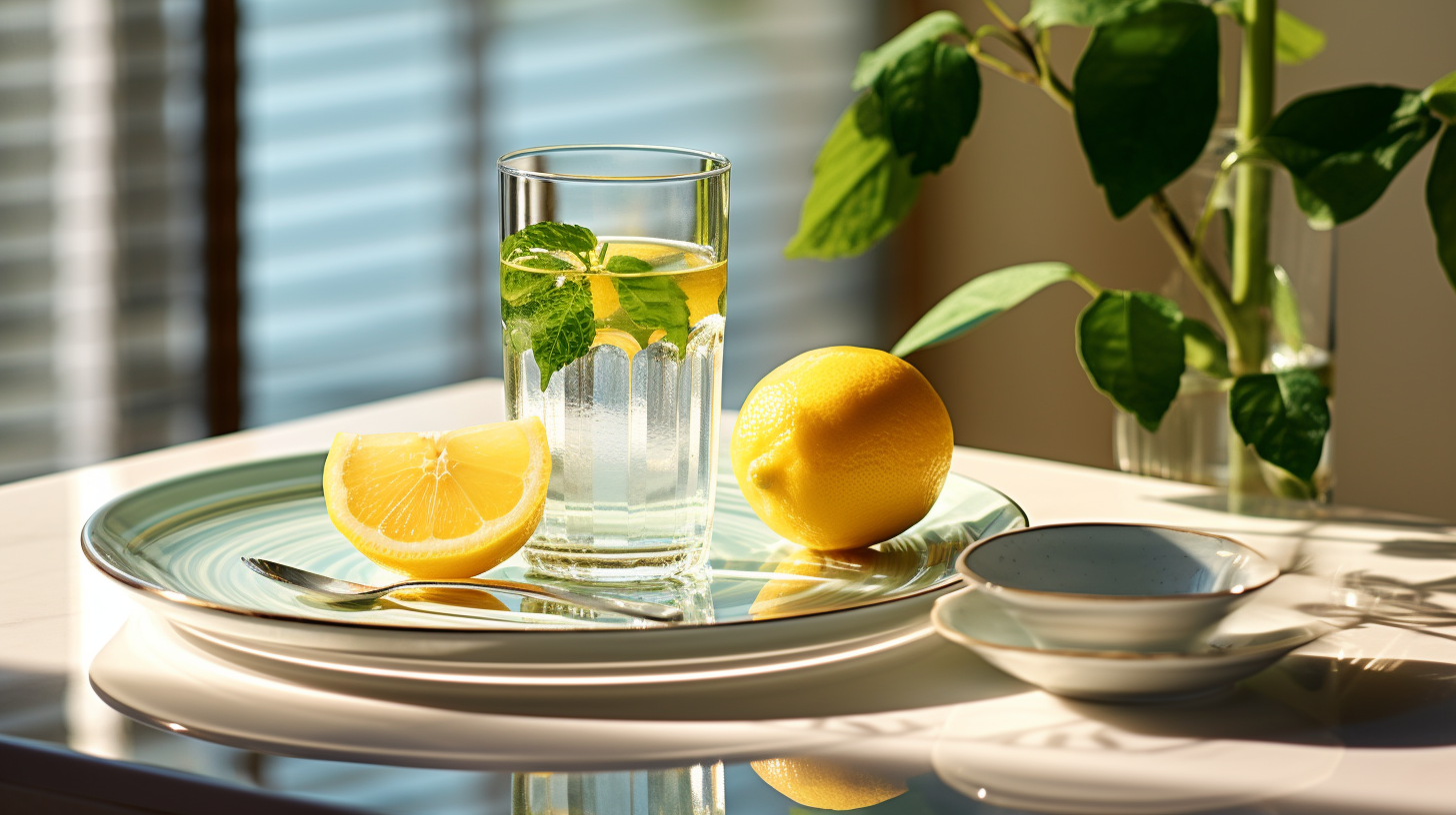 A plate with a glass of lemon water.