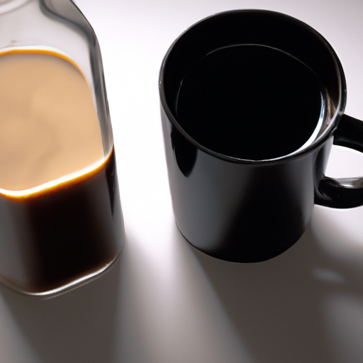 A black mug next to a bottle of coffee.