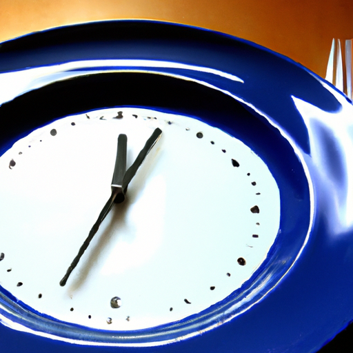 A blue plate with a clock on it.