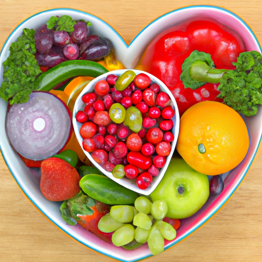 A heart shaped bowl of fruits and vegetables.