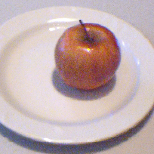 A white plate with an apple on it.