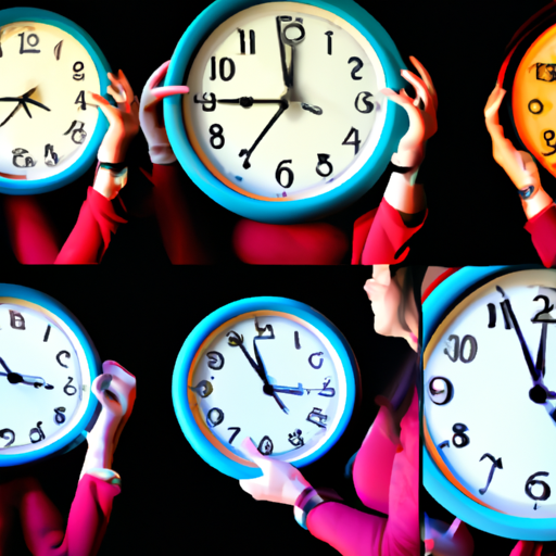 A woman is holding several clocks in different poses.