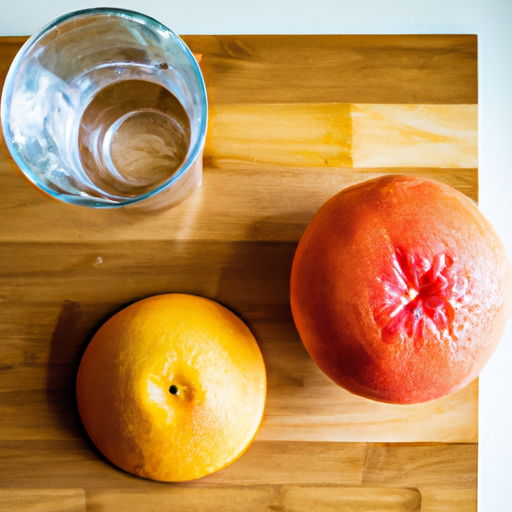 Two oranges and a glass on a cutting board.