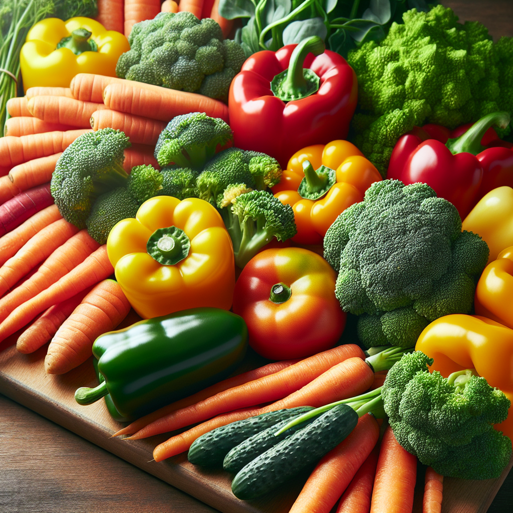 A cutting board with a variety of vegetables on it.