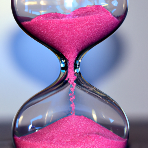 A glass hourglass with pink sand in it.