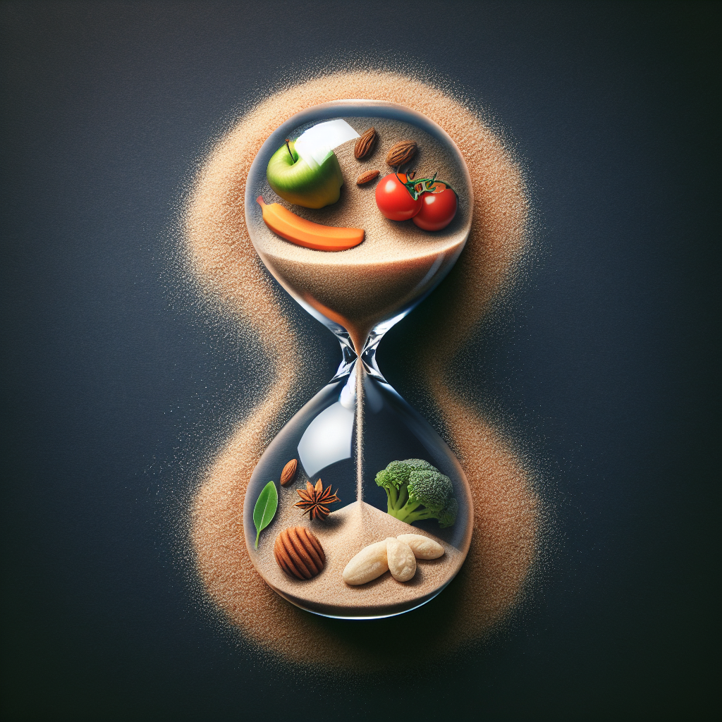 An hourglass filled with fruits and vegetables.