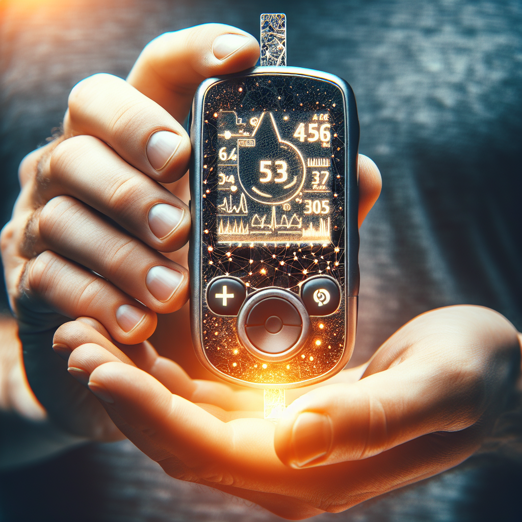 A man's hands holding a digital glucose monitor.