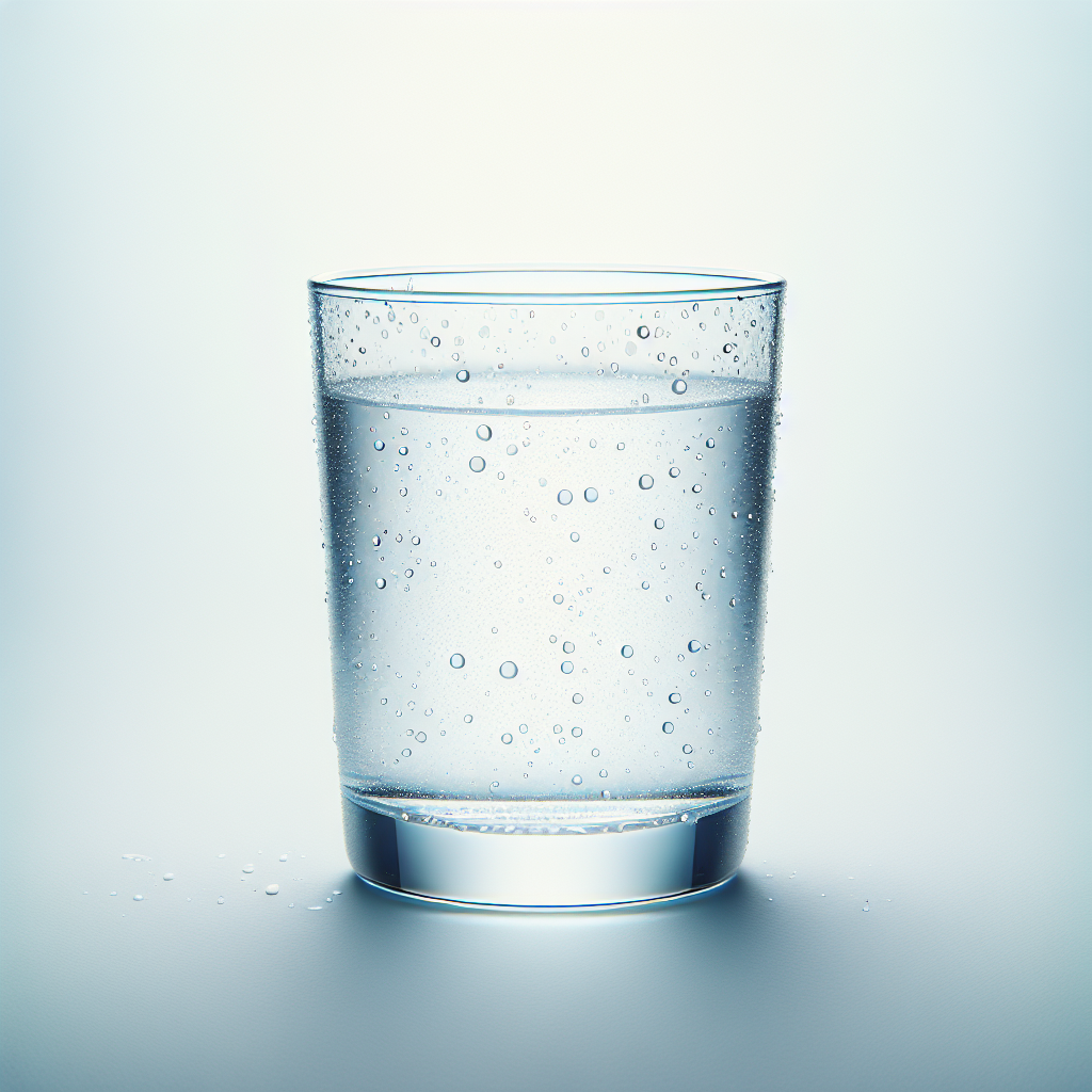 A glass of water with bubbles on a gray background.