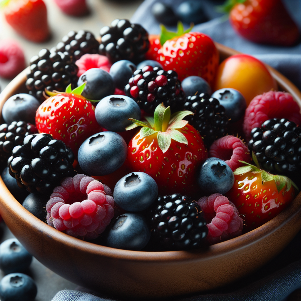 A bowl full of berries on a table.