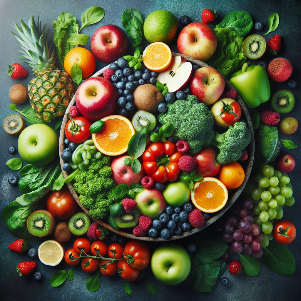 Fresh fruits and vegetables in a bowl on a dark background.