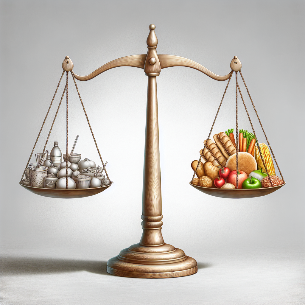 A balance scale with food on it.