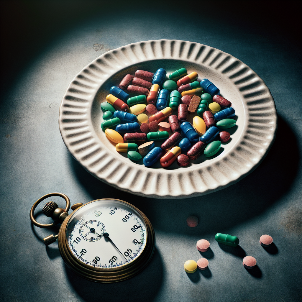 A plate with pills and a clock next to it.