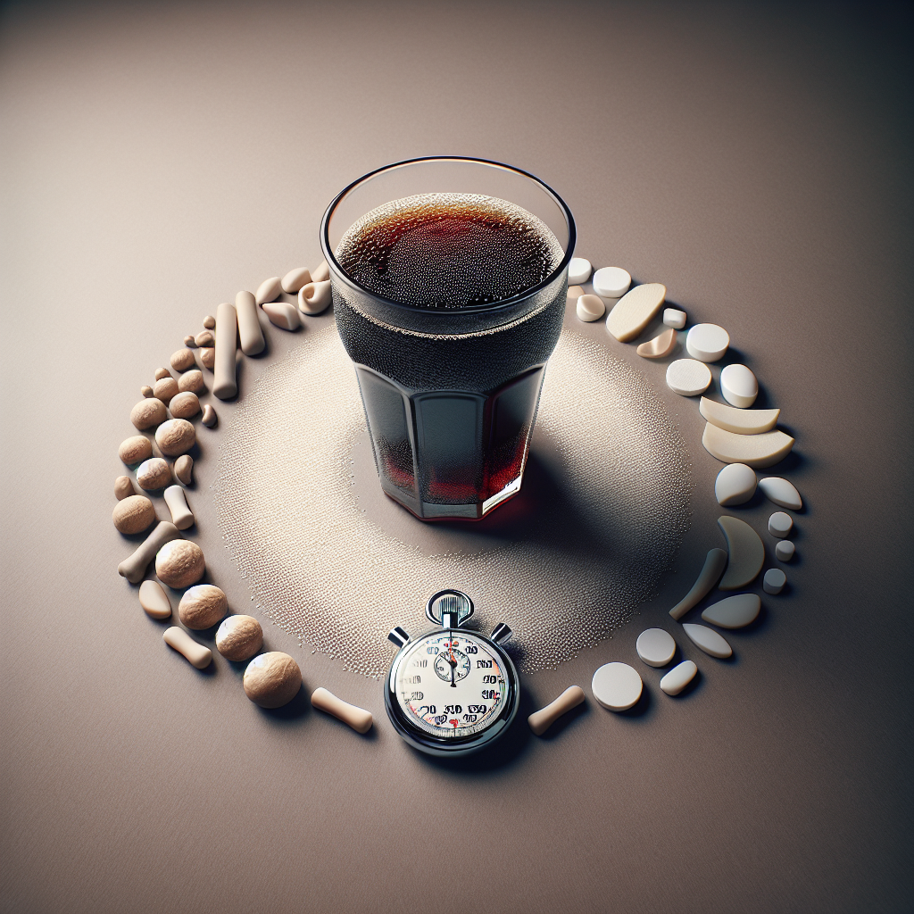 A glass of coffee with a clock around it.