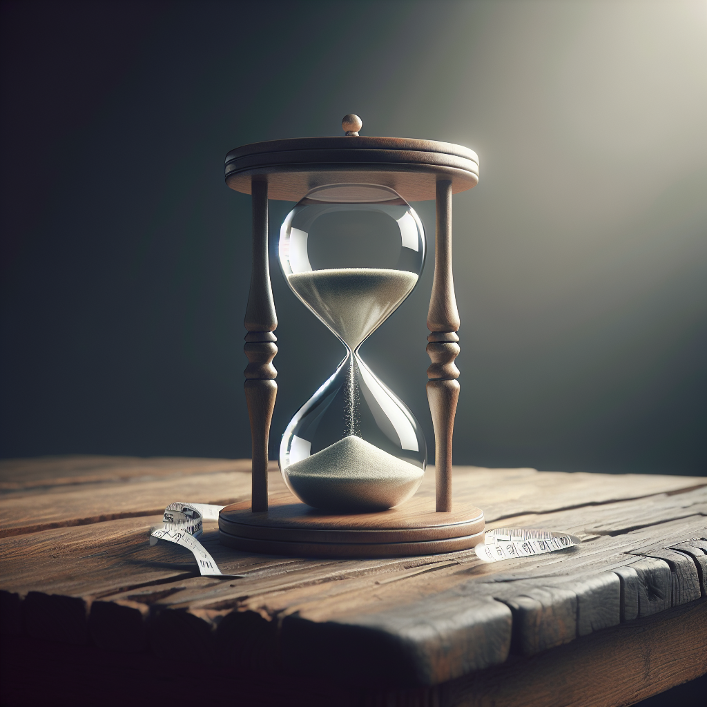 A sand hourglass sitting on a wooden table.