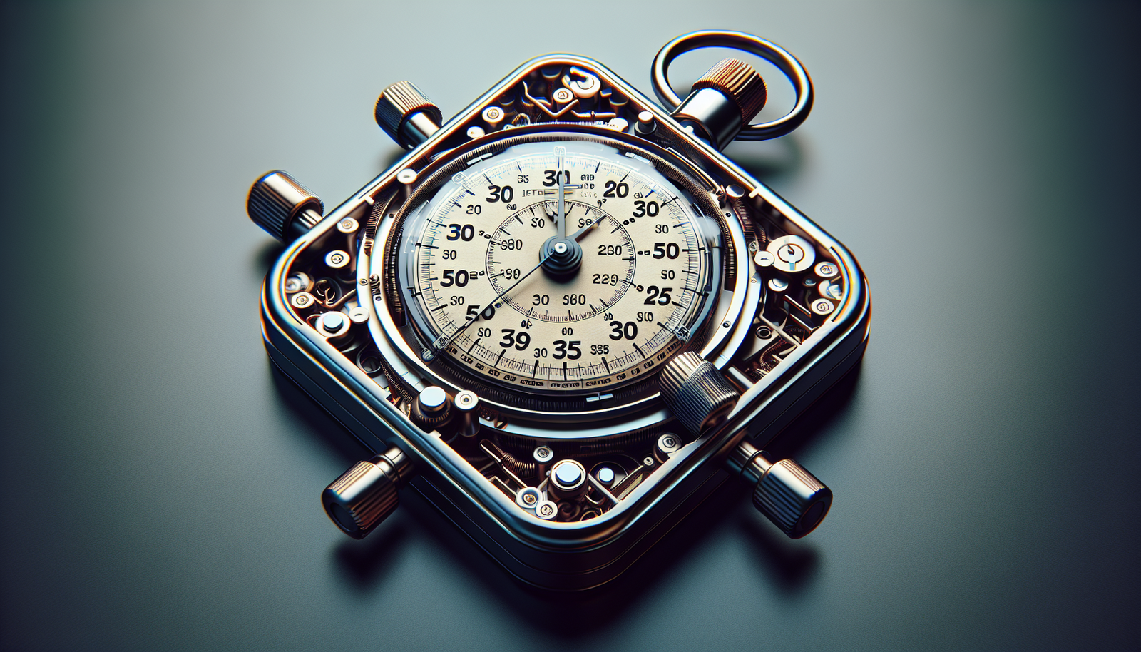 A clock with gears on a dark surface.