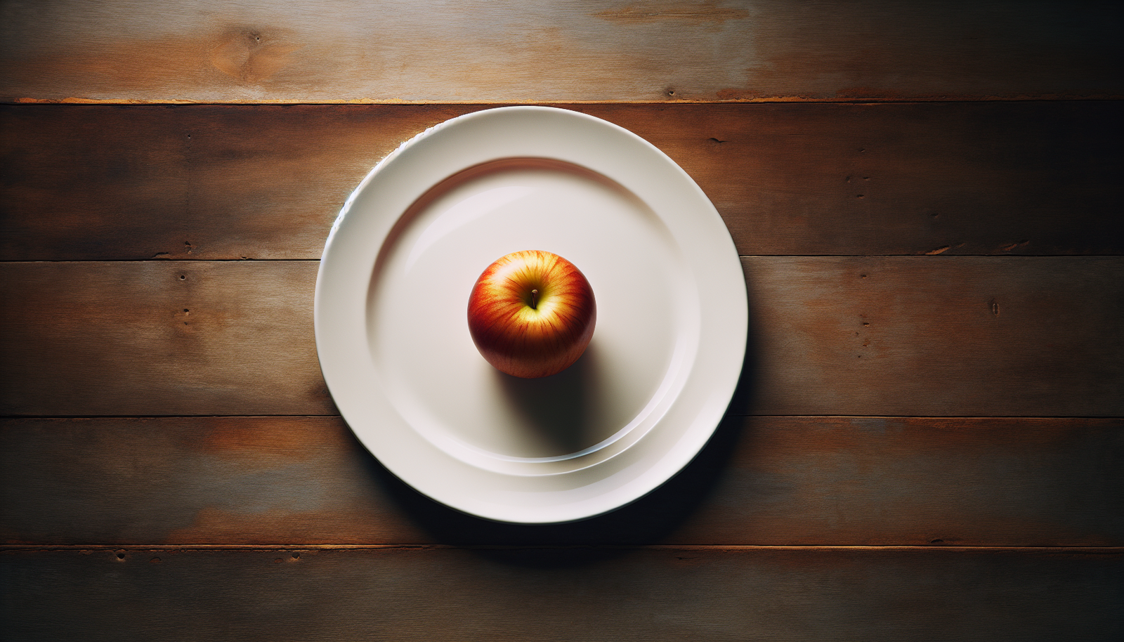 A white plate with an apple on it.