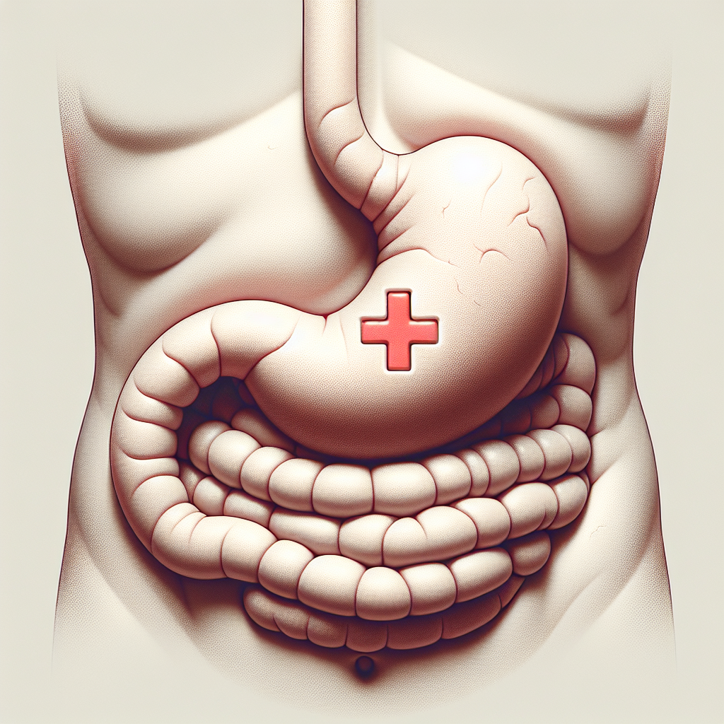 An illustration of a human stomach with a red cross on it.