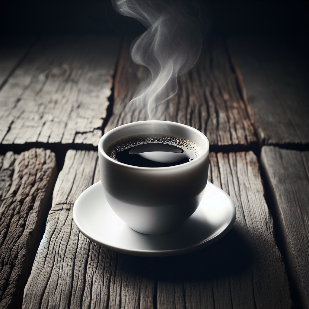 A cup of coffee with steam coming out of it on a wooden table.