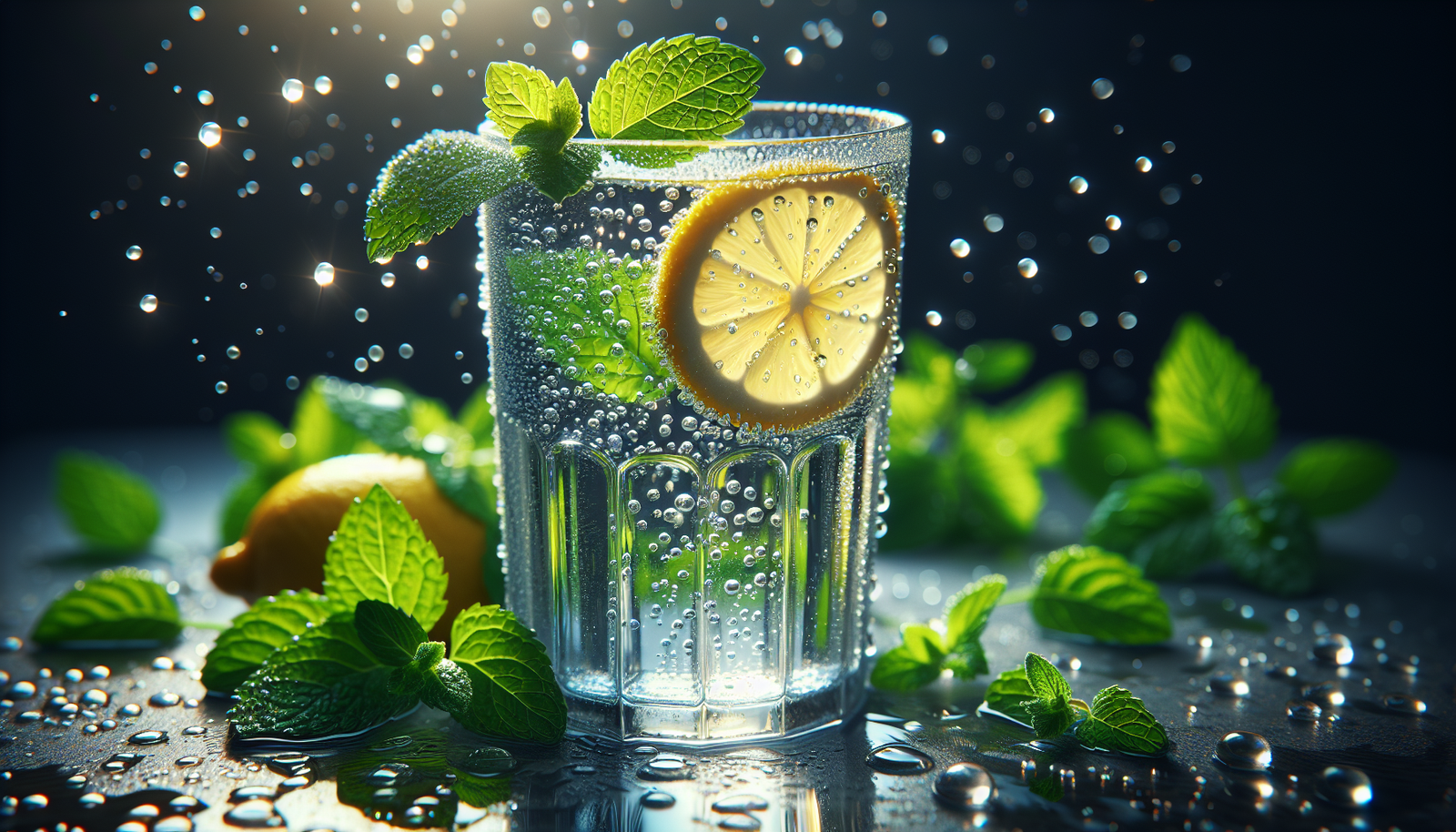 A glass of water with lemon and mint leaves.