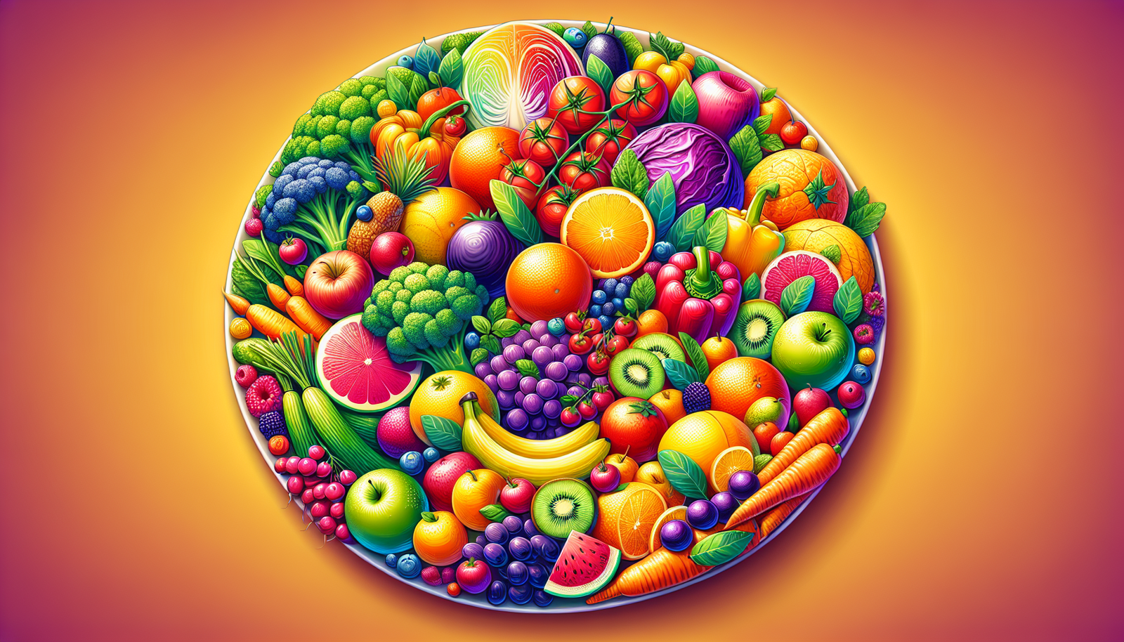 A colorful drawing of fruits and vegetables on a yellow background.