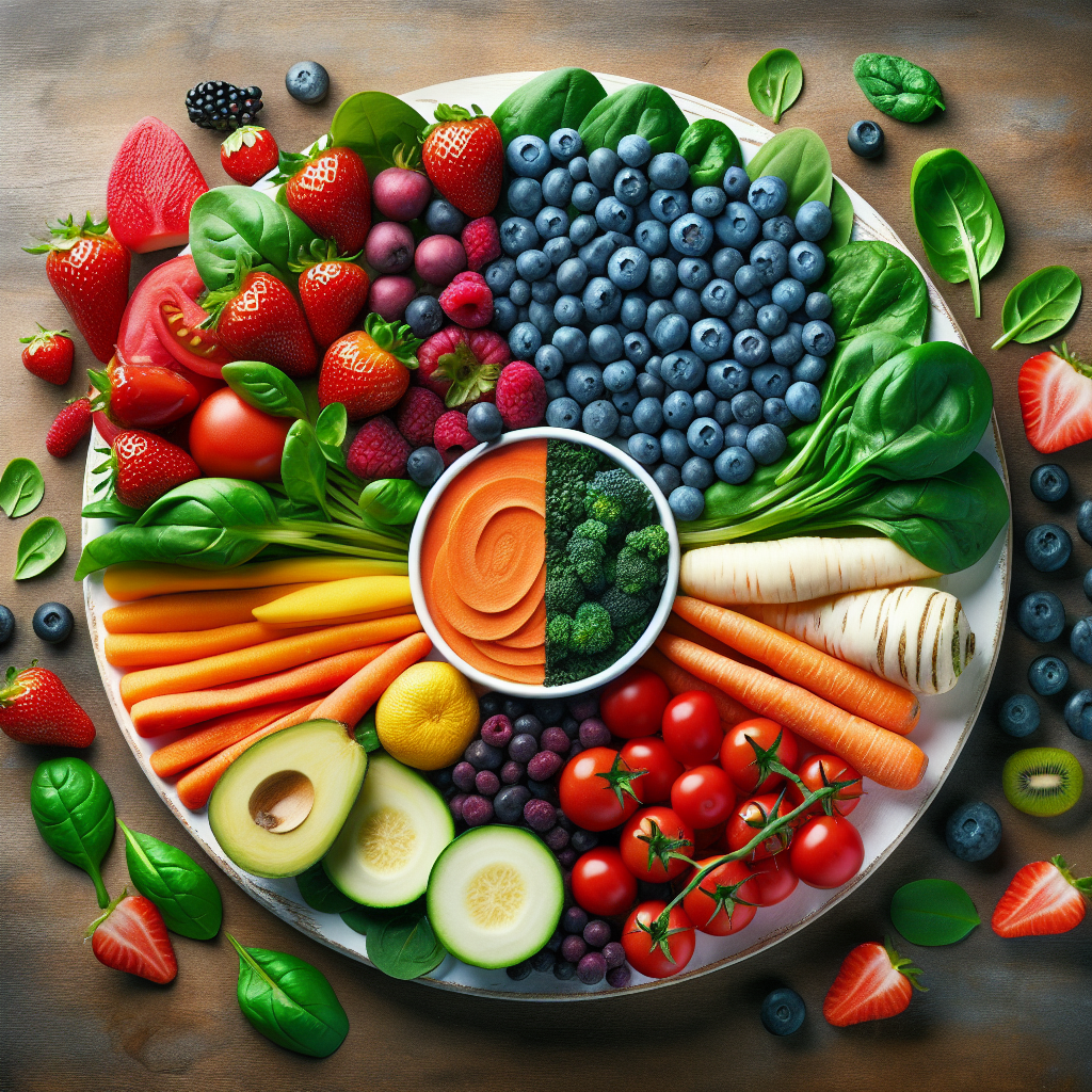 A plate of fruits and vegetables on a wooden table.