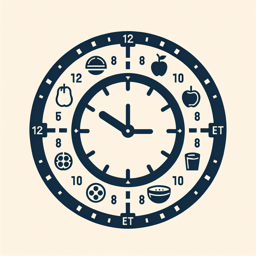 A clock with food icons around it.