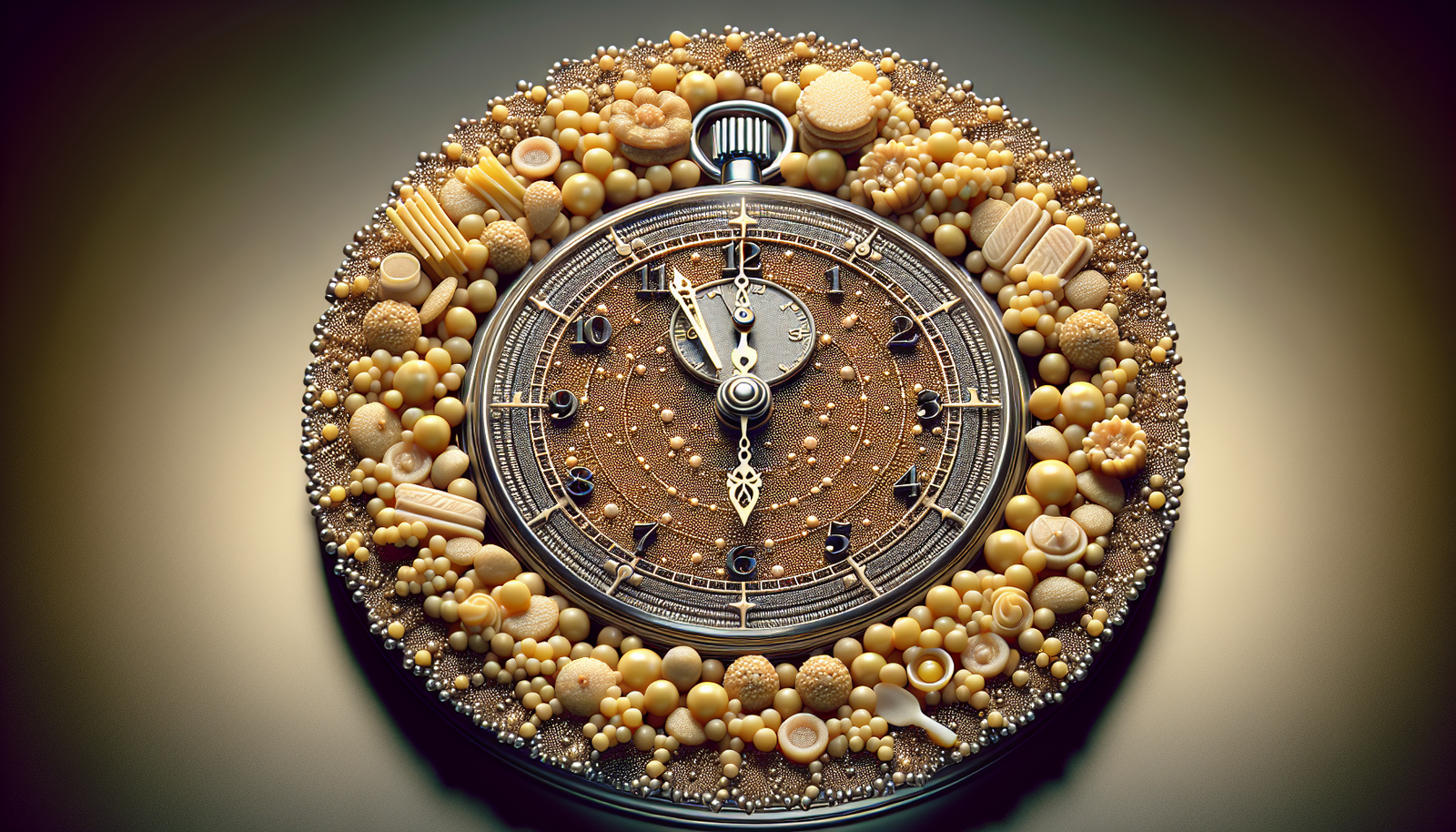 A clock made out of gold and pearls.