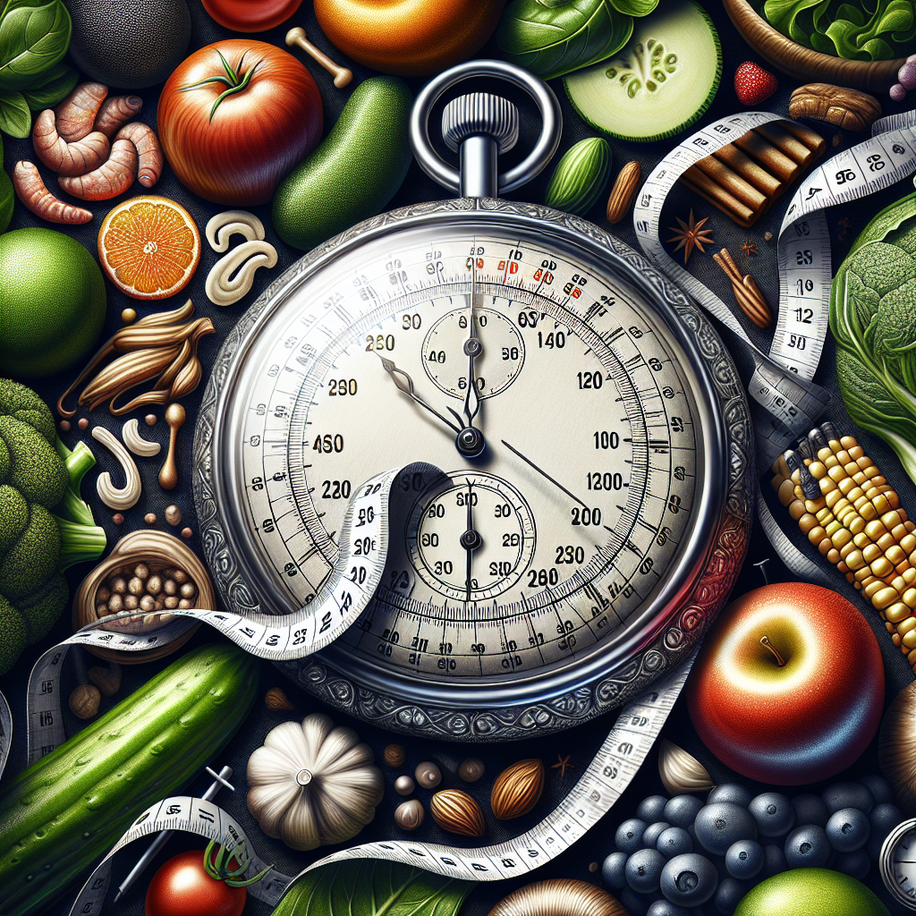 A stopwatch surrounded by fruits and vegetables.